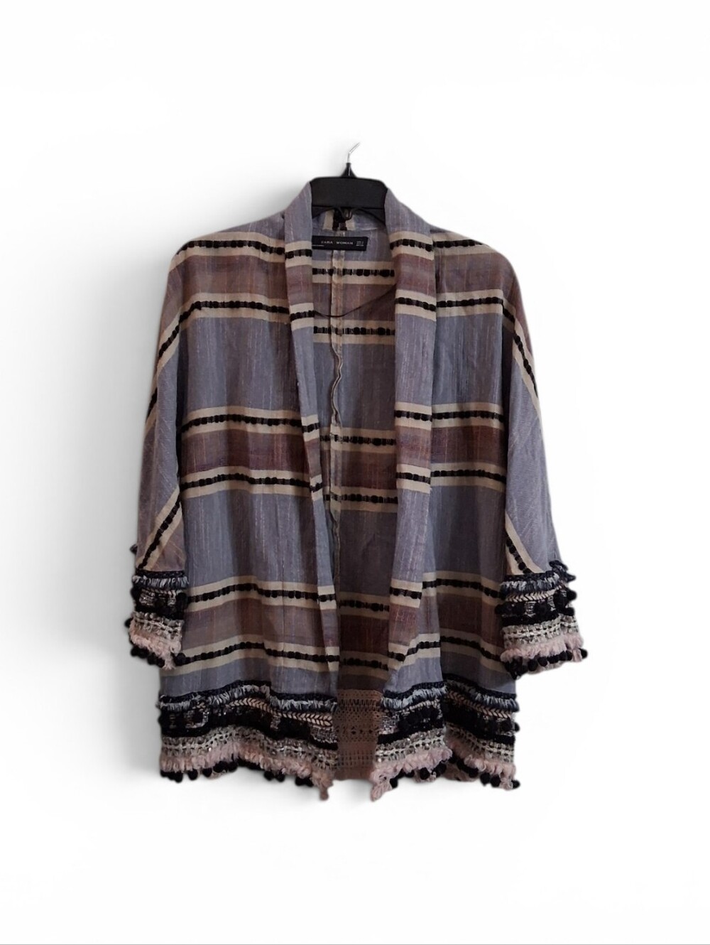 Zara Woman Folk-Style Striped Knit Pom Pom Fringe Kimono Cardigan Women's Size S